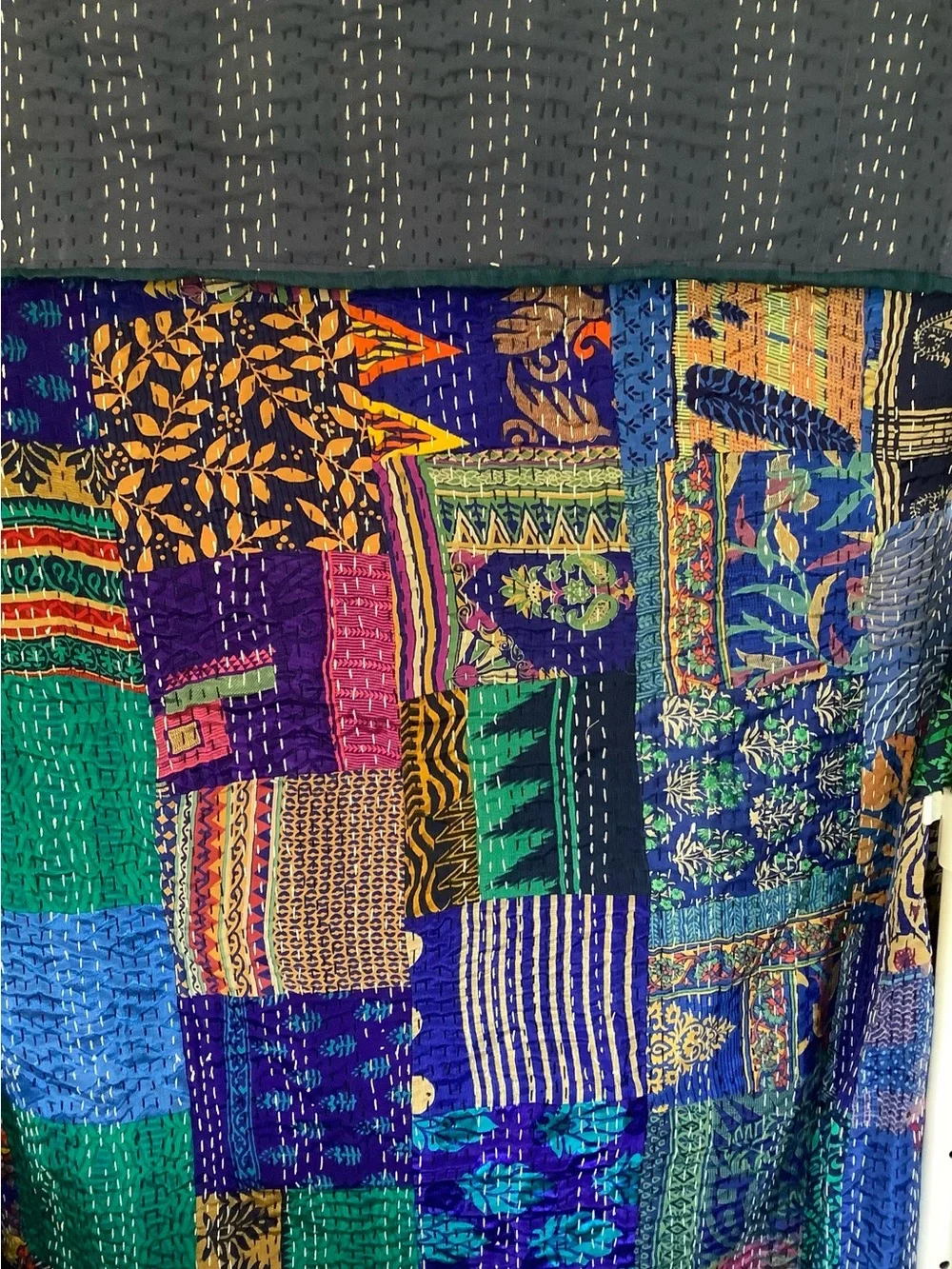 Handmade Patchwork Kantha Quilt in Multicolor Blue & Green QUEEN Size